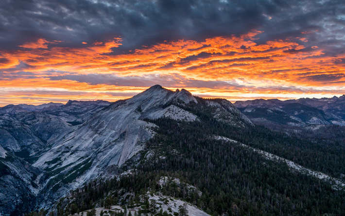 paysage de montagne, la Sierra Nevada, coucher de soleil, les montagnes, le soir, la for&#234;t, le Parc National de Yosemite, Californie, &#233;tats-unis