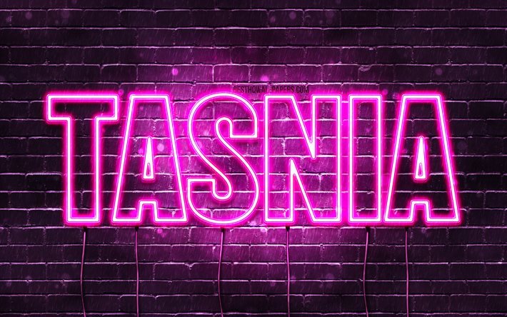 Tasnia, 4k, fonds d’&#233;cran avec des noms, noms f&#233;minins, nom Tasnia, n&#233;on violet, Joyeux anniversaire Tasnia, noms f&#233;minins arabes populaires, image avec le nom Tasnia
