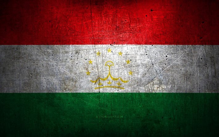 Drapeau en m&#233;tal tadjik, art grunge, pays asiatiques, Jour du Tadjikistan, symboles nationaux, drapeau du Tadjikistan, drapeaux en m&#233;tal, Drapeau du Tadjikistan, Asie, drapeau tadjik, Tadjikistan
