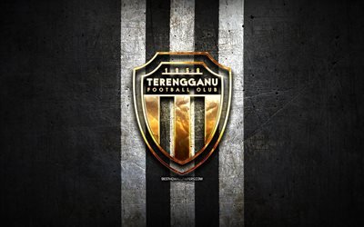 Terengganu FC, golden logo, Malaysia Super League, black metal background, football, malaysian football club, Terengganu FC logo, soccer