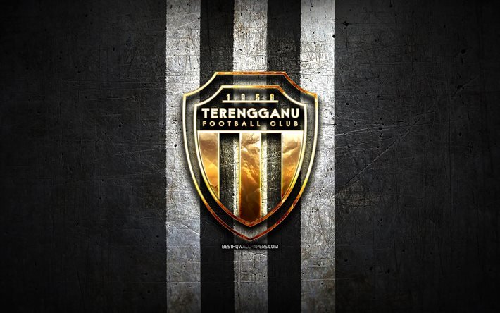 Terengganu FC, logo dorato, Malaysia Super League, sfondo in metallo nero, calcio, squadra di calcio malese, logo Terengganu FC