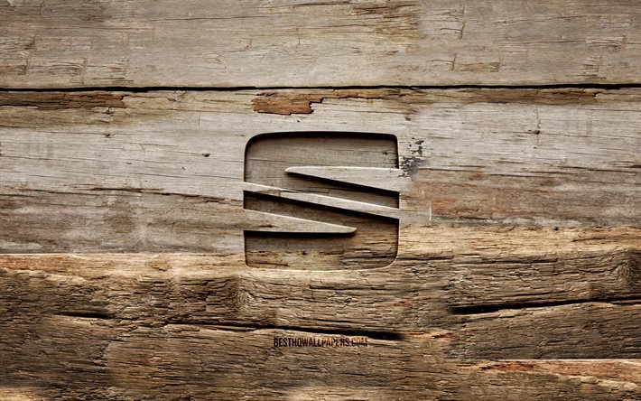 Logotipo de madeira do assento, 4K, fundos de madeira, marcas de carros, logotipo seat, criativo, escultura de madeira, Seat