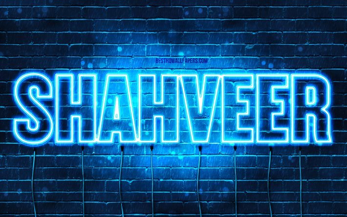 Shahveer, 4k, bakgrundsbilder med namn, Shahveer-namn, bl&#229; neonljus, Grattis p&#229; f&#246;delsedagen Shahveer, popul&#228;ra arabiska manliga namn, bild med Shahveer-namn