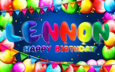 お誕生日おめでとうレノン, 4k, カラフルなバルーンフレーム, レノンの名前, 青い背景, レノンお誕生日おめでとう, レノンの誕生日, 人気のあるアメリカ人男性の名前, 誕生日のコンセプト, ジョン・レノン