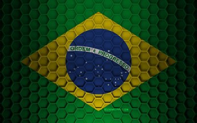 brasilien-flagge, 3d-sechsecke textur, brasilien, 3d-textur, brasilien 3d-flagge, metallstruktur, flagge von brasilien
