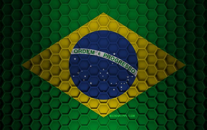 Brazil flag, 3d hexagons texture, Brazil, 3d texture, Brazil 3d flag, metal texture, flag of Brazil