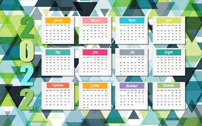 2022 Calendar, mosaic background, 2022 all months calendar, green mosaic, 2022 concepts, 2022 New Year Calendar