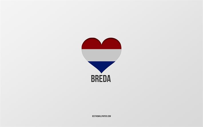 J&#39;aime Breda, villes n&#233;erlandaises, Jour de Breda, fond gris, Breda, Pays-Bas, coeur de drapeau n&#233;erlandais, villes pr&#233;f&#233;r&#233;es, Amour Breda