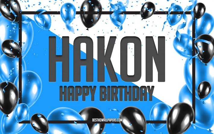 お誕生日おめでとうハコン, 誕生日バルーンの背景, ハーコン, 名前の壁紙, ハコンお誕生日おめでとう, 青い風船の誕生日の背景, ハコンの誕生日
