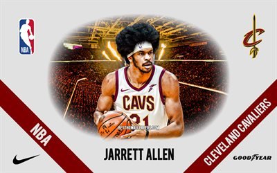 Jarrett Allen, Cleveland Cavaliers, American Basketball Player, NBA, portrait, USA, basketball, Rocket Mortgage FieldHouse, Cleveland Cavaliers logo
