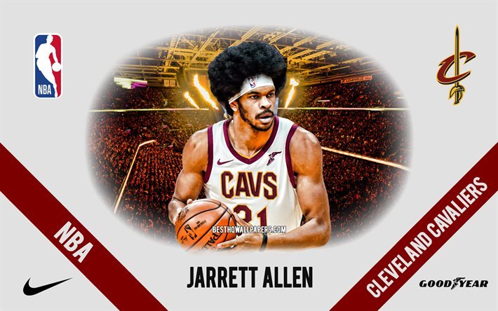 Jarrett Allen, Cleveland Cavaliers, jogador americano de basquete, NBA, retrato, EUA, basquete, Rocket Mortgage FieldHouse, logotipo do Cleveland Cavaliers