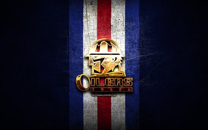 Tulsa Oilers, kultainen logo, ECHL, sininen metalli tausta, amerikkalainen j&#228;&#228;kiekkojoukkue, Tulsa Oilers -logo, j&#228;&#228;kiekko