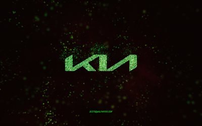 Logotipo com glitter Kia, 4k, fundo preto, logotipo Kia, arte com glitter verde, Kia, arte criativa, logotipo com glitter verde Kia
