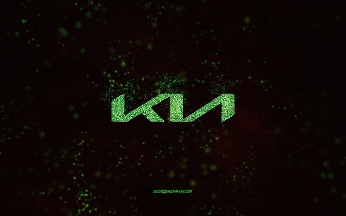 Kia parıltılı logo, 4k, siyah arka plan, Kia logosu, yeşil parıltılı sanat, Kia, yaratıcı sanat, Kia yeşil parıltılı logo