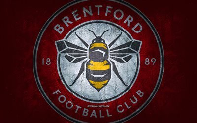 ブレントフォードFC, イギリスのサッカークラブ, 赤い石の背景, ブレントフォードFCのロゴ, グランジアート, プレミアリーグ, フットボール。, イギリス, ブレントフォードFCエンブレム