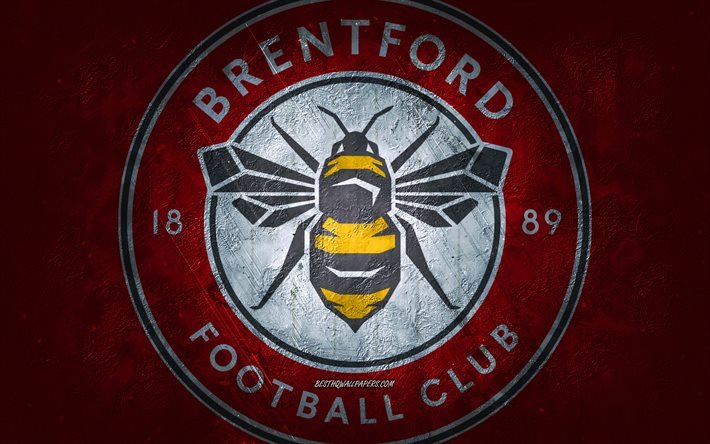 brentford fc, englischer fu&#223;ballverein, roter steinhintergrund, brentford fc-logo, grunge-kunst, premier league, fu&#223;ball, england, brentford fc-emblem