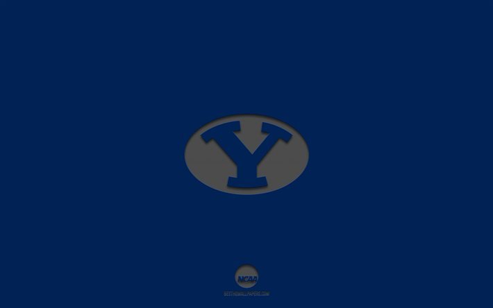Brigham Young Cougars, sfondo blu, squadra di football Americano, Brigham Young Cougars emblema, NCAA, Utah, USA, football Americano, logo Brigham Young Cougars