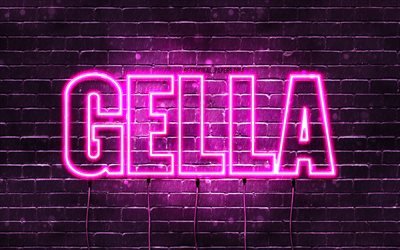 Gella, 4k, pap&#233;is de parede com nomes, nomes femininos, nome Gella, luzes de n&#233;on roxas, Feliz Anivers&#225;rio Gella, nomes femininos &#225;rabes populares, imagem com o nome Gella