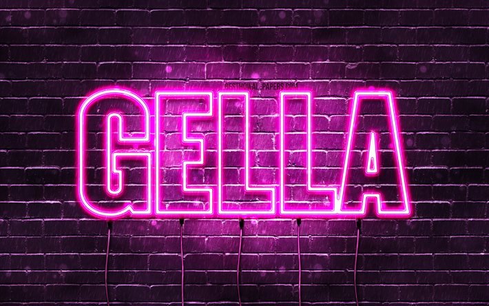 Gella, 4k, bakgrundsbilder med namn, kvinnliga namn, Gella namn, lila neonljus, Grattis p&#229; f&#246;delsedagen Gella, popul&#228;ra arabiska kvinnliga namn, bild med Gella namn