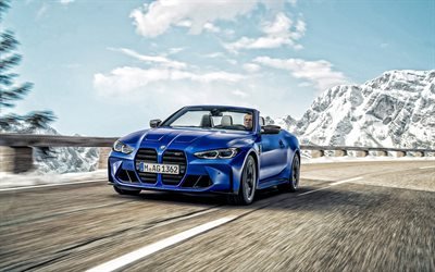 2022, BMW M4 Competition Convertible, 4k, front view, exterior, xDrive, M4 Convertible, new blue M4, blue convertible, German cars, BMW