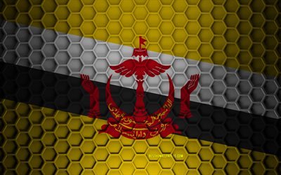 Brunei flagga, 3d hexagoner konsistens, Brunei, 3d struktur, Brunei 3d flagga, metall konsistens, flagga Brunei