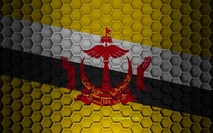 Drapeau du Brunei, texture des hexagones 3d, Brunei, texture 3d, drapeau du Brunei 3d, texture m&#233;tallique, drapeau du Brunei