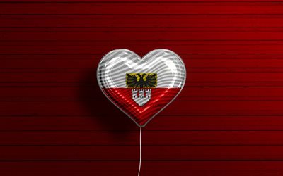 أنا أحب دويسبورغ, 4 ك, بالونات واقعية, خلفية خشبية حمراء, المدن الألمانية, علم دويسبورغ, ألمانيا, بالون مع العلم, Duisburg, يوم دويسبورغ