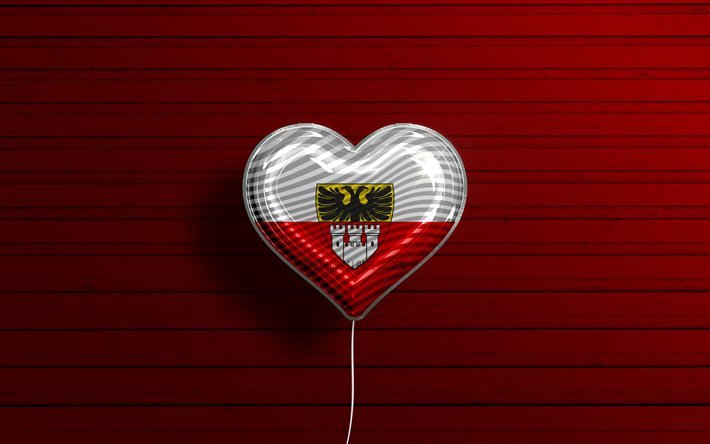 J&#39;aime Duisburg, 4k, ballons r&#233;alistes, fond en bois rouge, villes allemandes, drapeau de Duisburg, Allemagne, ballon avec drapeau, Duisburg, jour de Duisburg