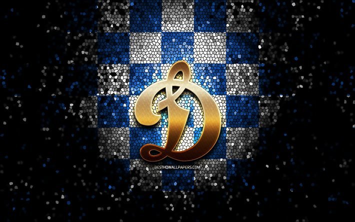 HC Dynamo Moscou, logo scintillant, KHL, fond quadrill&#233; blanc bleu, hockey, Ligue de hockey continentale, logo HC Dynamo Moscou, art de la mosa&#239;que, &#233;quipe de hockey russe
