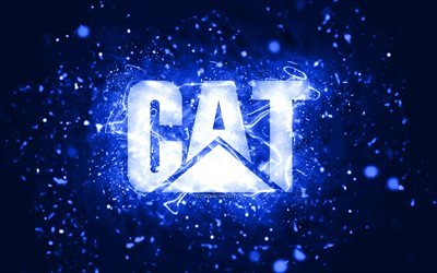Caterpillar dark blue logo, 4k, CaT, dark blue neon lights, creative, dark blue abstract background, Caterpillar logo, CaT logo, brands, Caterpillar