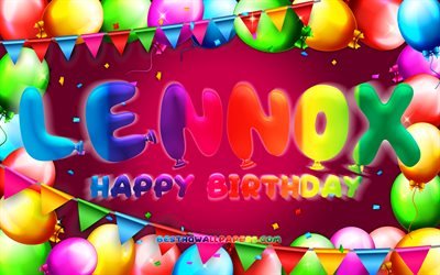 happy birthday lennox, 4k, bunter ballonrahmen, lennox-name, lila hintergrund, lennox happy birthday, lennox birthday, beliebte amerikanische weibliche namen, geburtstagskonzept, lennox
