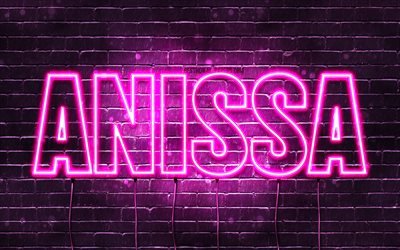 Anissa, 4k, fonds d&#39;&#233;cran avec des noms, noms f&#233;minins, nom Anissa, n&#233;ons violets, joyeux anniversaire Anissa, noms f&#233;minins arabes populaires, photo avec nom Anissa