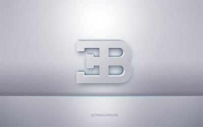 Bugatti 3d white logo, gray background, Bugatti logo, creative 3d art, Bugatti, 3d emblem