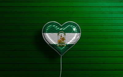 I Love Andalusia, 4k, realistic balloons, green wooden background, Day of Andalusia, Communities of Spain, flag of Andalusia, Spain, balloon with flag, spanish communities, Andalusia flag, Andalusia