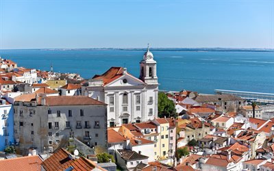 Mar da Paglia, Lisbona, baia, mattina, cappella, panorama di Lisbona, paesaggio urbano di Lisbona, Portogallo
