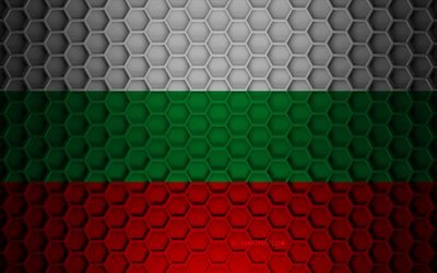 Drapeau de la Bulgarie, texture des hexagones 3d, Bulgarie, texture 3d, drapeau de la Bulgarie 3d, texture en m&#233;tal, drapeau de la Bulgarie