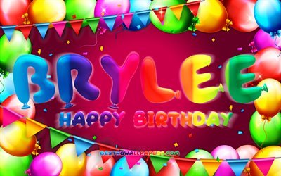 Buon compleanno Brylee, 4k, cornice di palloncini colorati, nome Brylee, sfondo viola, Brylee buon compleanno, compleanno Brylee, nomi femminili americani popolari, concetto di compleanno, Brylee