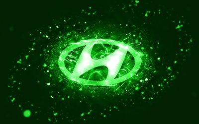 Hyundai logo verde, 4k, luci al neon verdi, creativo, sfondo astratto verde, logo Hyundai, marche di automobili, Hyundai