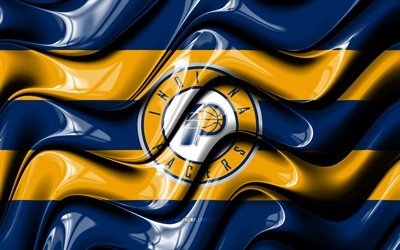 Indiana Pacers flag, 4k, blue and yellow 3D waves, NBA, american basketball team, Indiana Pacers logo, basketball, Indiana Pacers
