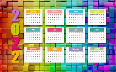 Calendario 2022, sfondo colorato 3d, calendario di tutti i mesi 2022, mosaico 3d, concetti 2022, calendario del nuovo anno 2022