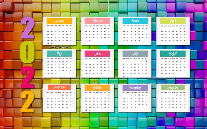 2022 kalender, 3d bunter hintergrund, 2022 alle monate kalender, 3d mosaik, 2022 konzepte, 2022 neujahrskalender