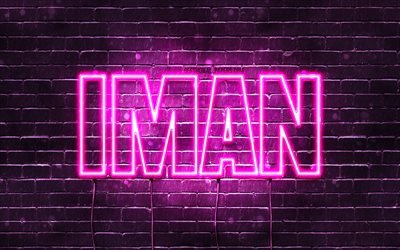 Iman, 4k, pap&#233;is de parede com nomes, nomes femininos, nome Iman, luzes de n&#233;on roxas, Feliz Anivers&#225;rio Iman, nomes femininos &#225;rabes populares, imagem com o nome Iman
