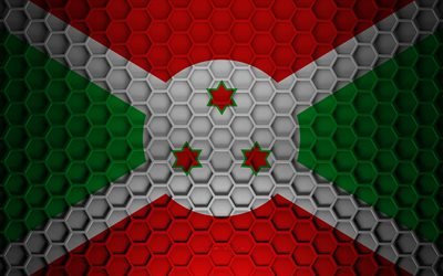 Drapeau du Burundi, texture des hexagones 3d, Burundi, texture 3d, drapeau du Burundi 3d, texture en m&#233;tal, drapeau du Burundi