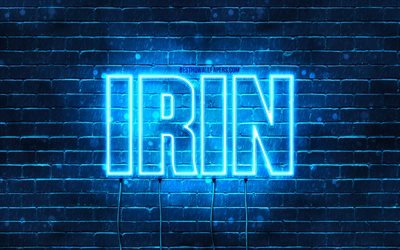 Irin, 4k, fonds d&#39;&#233;cran avec des noms, nom Irin, n&#233;ons bleus, joyeux anniversaire Irin, noms masculins arabes populaires, photo avec nom Irin