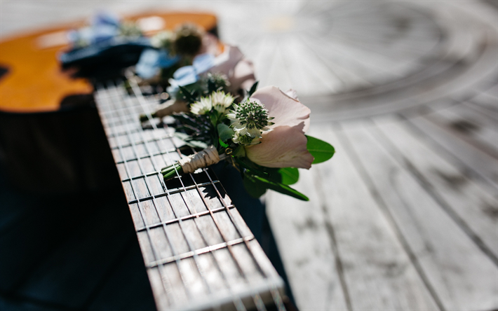 Bouquet of flowers, guitar, romance, boutonniere, roses