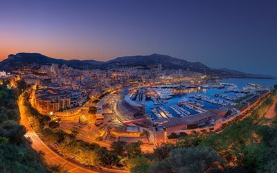 monaco, 4k, city panorama, bay, yachts, evening, sunset, city lights, hdr