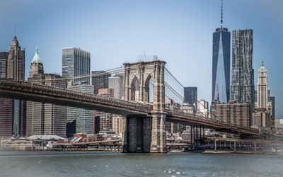Puente de Brooklyn, Nueva York, World Trade Center 1, el East River en Manhattan, estados UNIDOS
