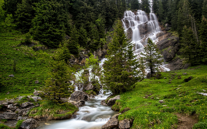 Brochaux Cascata, cascata Bella, montagne, erba verde, cascata, Francia