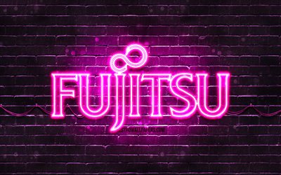 Fujitsu purple logo, 4k, purple brickwall, Fujitsu logo, brands, Fujitsu neon logo, Fujitsu