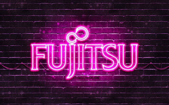 Logo viola Fujitsu, 4k, brickwall viola, logo Fujitsu, marche, logo al neon Fujitsu, Fujitsu